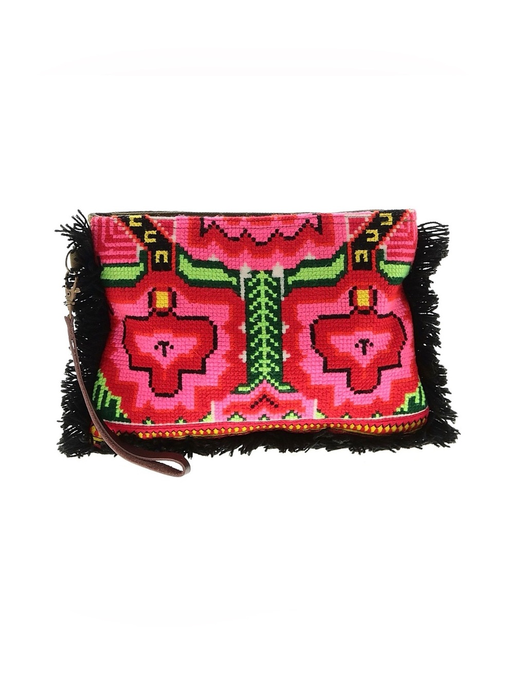 RARE JADEtribe Vibrant Pink Embroidered Fringe Wristlet Clutch